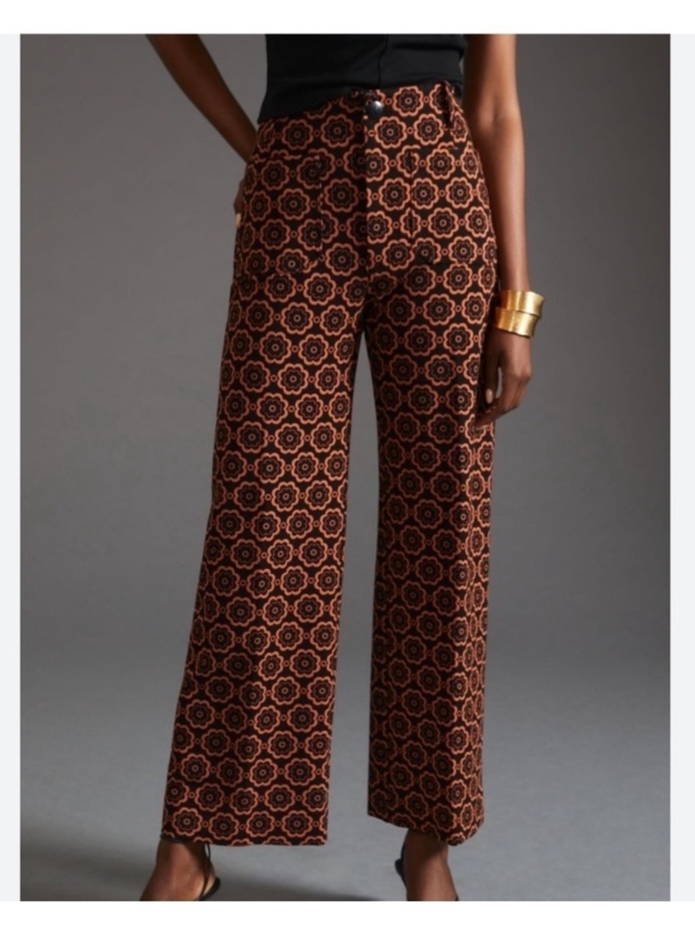 Maeve Anthropologie black orange Floral High-Rise Wide-Leg Pants THE COLETTE 26